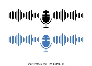 Ícone de microfone com ondas de som. Microfone de rádio e onda de som. Podcast, gravação de voz, concerto online, ícone conceitual de gravação de estúdio
