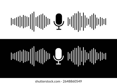 Ícone de microfone com ondas de som. Microfone de rádio e onda de som. Podcast, gravação de voz, concerto online, ícone conceitual de gravação de estúdio
