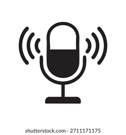 Icono del micrófono con la Ilustración vectorial de las ondas de sonido en estilo sólido, que representa el concepto de la grabación o de la radiodifusión, conveniente para los podcasts