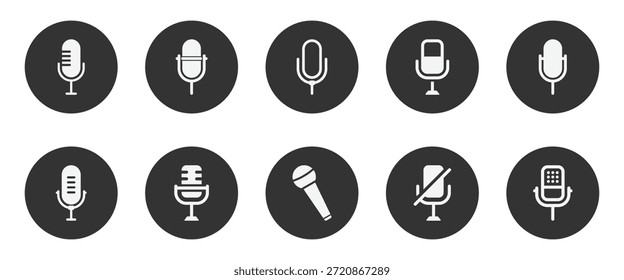 Icono de micrófono con ondas de sonido. Símbolo de grabación de voz. Podcasting de audio y señal de difusión. Diseño de icono de grabación de voz. Línea de trazo simple y conjunto de iconos de Vector relleno.