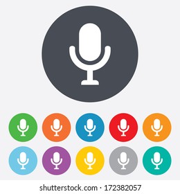 Microphone icon. Speaker symbol. Live music sign. Round colourful 11 buttons. Vector