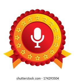 Microphone icon. Speaker symbol. Live music sign. Red award label with stars and ribbons. Vector
