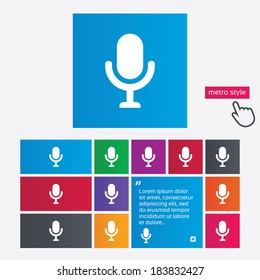 Microphone icon. Speaker symbol. Live music sign. Metro style buttons. Modern interface website buttons with hand cursor pointer. Vector