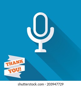 Microphone icon. Speaker symbol. Live music sign. White flat icon with long shadow. Paper ribbon label with Thank you text. Vector