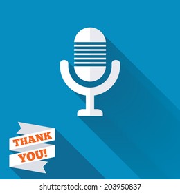 Microphone icon. Speaker symbol. Live music sign. White flat icon with long shadow. Paper ribbon label with Thank you text. Vector