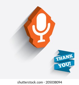Microphone icon. Speaker symbol. Live music sign. White icon on orange 3D piece of wall. Carved in stone with long flat shadow. Vector