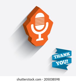 Microphone icon. Speaker symbol. Live music sign. White icon on orange 3D piece of wall. Carved in stone with long flat shadow. Vector