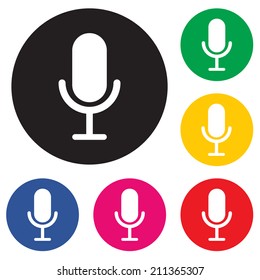 Microphone icon. Speaker symbol. Live music sign. Round colourful buttons. 
