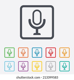 Microphone icon. Speaker symbol. Live music sign. Round squares buttons with frame. Vector