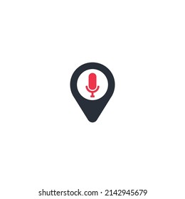 Microphone icon. Speaker symbol. Live music sign. Blue circle button with icon. Vector stock illustration. Podcast microphone with pin map locations logo design vector icon symbol illustration