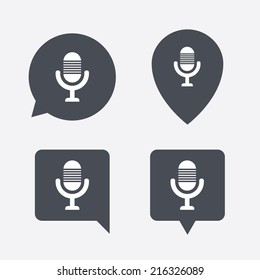 Microphone icon. Speaker symbol. Live music sign. Map pointers information buttons. Speech bubbles with icons. Vector