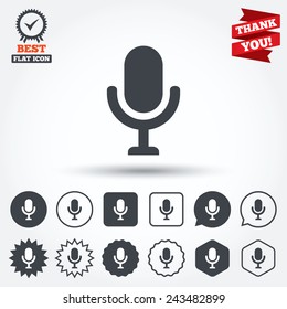 Microphone icon. Speaker symbol. Live music sign. Circle, star, speech bubble and square buttons. Award medal with check mark. Thank you ribbon. Vector