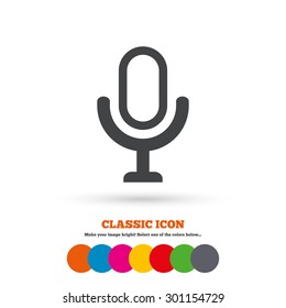 Microphone icon. Speaker symbol. Live music sign. Classic flat icon. Colored circles. Vector
