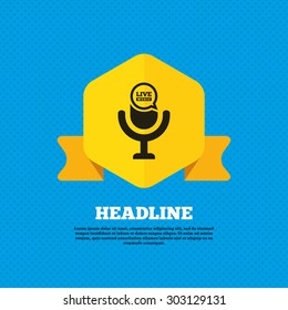 Microphone icon. Speaker symbol. Live music sign. Yellow label tag. Circles seamless pattern on back. Vector