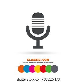 Microphone icon. Speaker symbol. Live music sign. Classic flat icon. Colored circles. Vector