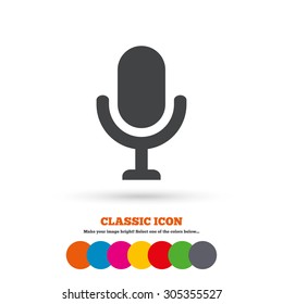 Microphone icon. Speaker symbol. Live music sign. Classic flat icon. Colored circles. Vector