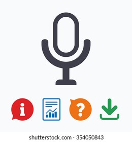 Microphone icon. Speaker symbol. Live music sign. Information think bubble, question mark, download and report.