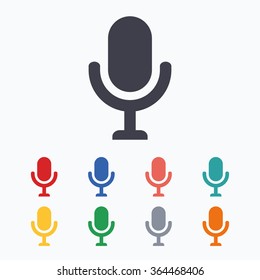 Microphone icon. Speaker symbol. Live music sign. Colored flat icons on white background.