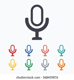 Microphone icon. Speaker symbol. Live music sign. Colored flat icons on white background.