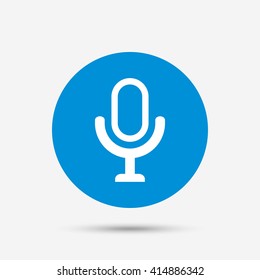 Microphone icon. Speaker symbol. Live music sign. Blue circle button with icon. Vector