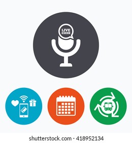 Microphone icon. Speaker symbol. Live music sign. Mobile payments, calendar and wifi icons. Bus shuttle.