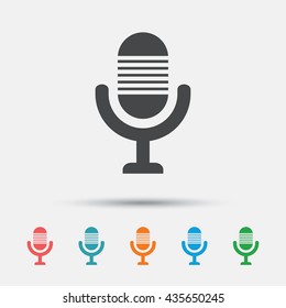 Microphone icon. Speaker symbol. Live music sign. Graphic element on white background. Colour clean flat microphone icons. Vector