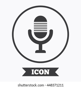 Microphone icon. Speaker symbol. Live music sign. Graphic design element. Flat symbol in circle button. Vector