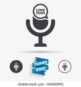 Microphone icon. Speaker symbol. Live music sign. Flat icons. Buttons with icons. Thank you ribbon. Vector