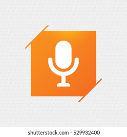 Microphone icon. Speaker symbol. Live music sign. Orange square label on pattern. Vector