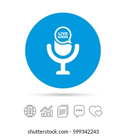 Microphone icon. Speaker symbol. Live music sign. Copy files, chat speech bubble and chart web icons. Vector