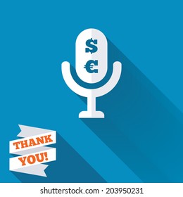 Microphone icon. Speaker symbol. Paid music sign. White flat icon with long shadow. Paper ribbon label with Thank you text. Vector