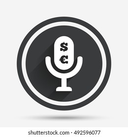 Microphone icon. Speaker symbol. Paid music sign. Circle flat button with shadow and border. Vector
