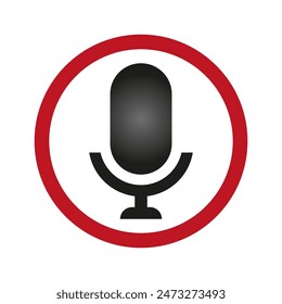 Microphone icon vector. Black mic symbol. Red circle outline. White background.