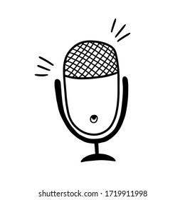 Microphone Icon Vector Doodle Illustration. Linear Image Of The Microphone For The Podcast. Isolated Image Of The Microphone On A White Background.