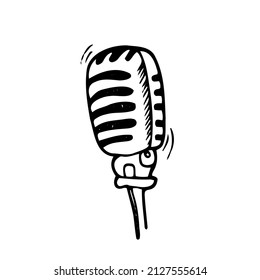 Icono de micrófono vector Ilustración de Doodle. Imagen lineal del micrófono para el podcast. Imagen aislada del micrófono en un fondo blanco.
