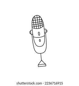 Microphone icon vector Doodle illustration. Linear image of the microphone for the podcast. Isolated image of the microphone on a white background.