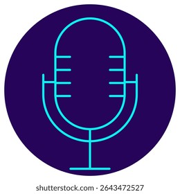 Ícone do microfone. Ilustração vetorial com linhas finas em um plano de fundo redondo azul escuro. Pictograma minimalista para gravação de áudio, controle de voz, podcasts e conceitos de comunicação digital