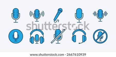 Microphone icon vector set. Contains mic button, headphone, mute, broadcast, podcast, broadcasting, audio vocal sound, voice, music karaoke, musical studio, loudspeaker. Illustration