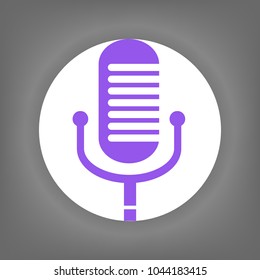 Microphone Icon. Vector. Violet icon on white circle with shadow at gray background.