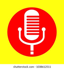 Microphone Icon. Vector. White flat icon inside red circle at yellow background. Isolated.