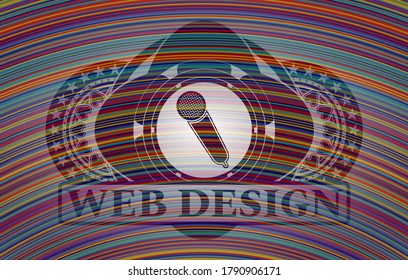 Mikrofon-Symbol und Web-Design-Text bunt Symbol. Auf exquisitem Hintergrund zeigen. Vektorgrafik. 