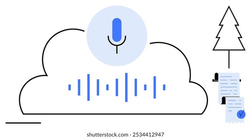 A microphone icon within a cloud shape with sound waves beneath, accompanied by a tree and documents. Ideal for technology, voice recognition, cloud storage, audio recording, data documentation. Flat