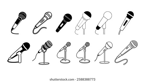 Microphone Icons – Black and White Vector Set for Podcast Music