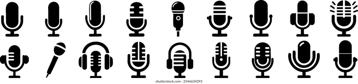 Microphone icons collection showcasing diverse designs in black silhouettes. Perfect for audio, podcast, recording, and music-themed projects. Simple and stylish icons for media, sound, and voice