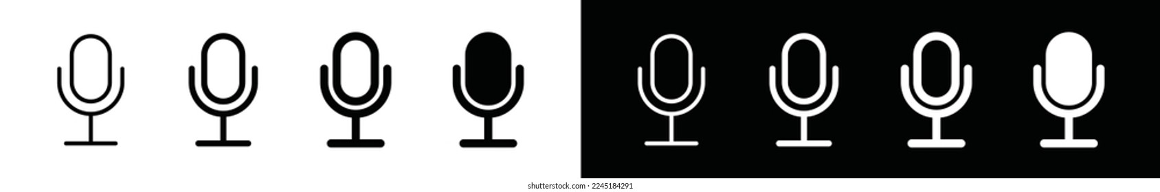 Iconos de micrófono. Micrófono de señal delgada a gruesa. Icono de micrófono de karaoke. Señal de micrófono de emisión y podcast para aplicaciones y símbolo de sitios web, ilustración vectorial