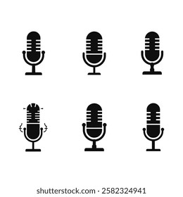 Microphone icons, minimalist design, black and white, silhouette style.