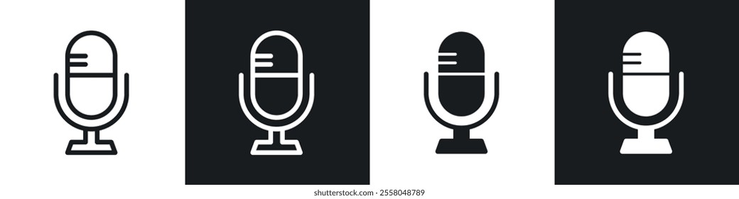 Microphone icons pack in black and white filled and outlined versions.