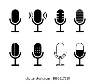 Microphone Icons. Podcast symbols. Icon for radio and audio recording. studio sound Mic Logo for interview. Simple silhouette of wireless microphone for karaoke, vocal, media. Vector.