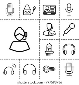 Microphone icons. set of 13 editable outline microphone icons such as microphone, support, tv speaker, headset, musical instrument