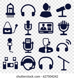 Microphone icons set. set of 16 microphone filled icons such as microphone, TV speaker, headset, operator, musical instrument, audio system, help support